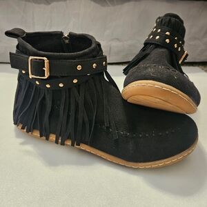 Black Fringe Ankle Boots with Gold Studs